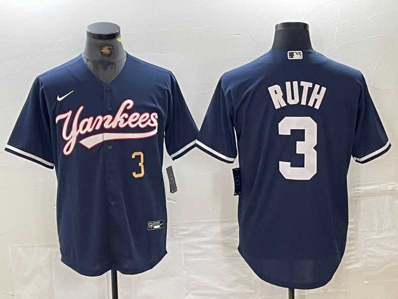 Mens New York Yankees #3 Babe Ruth Number Navy Cool Base Stitched Baseball Jersey